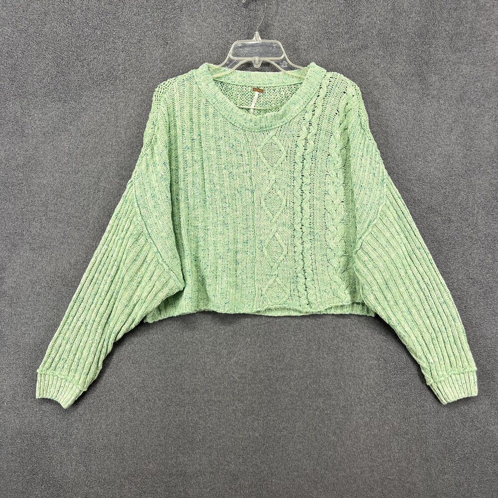 Free People Sweater Womens Medium Green Cable Knit Cropped Pullover Knit Boho